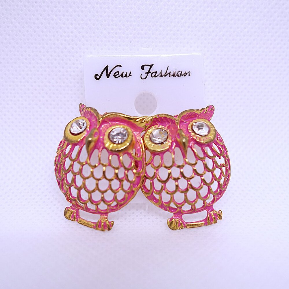 💎7/25💎NOS Vintage Retro Pink Owl 3D Crystal Accent Pierced Stud Earrings